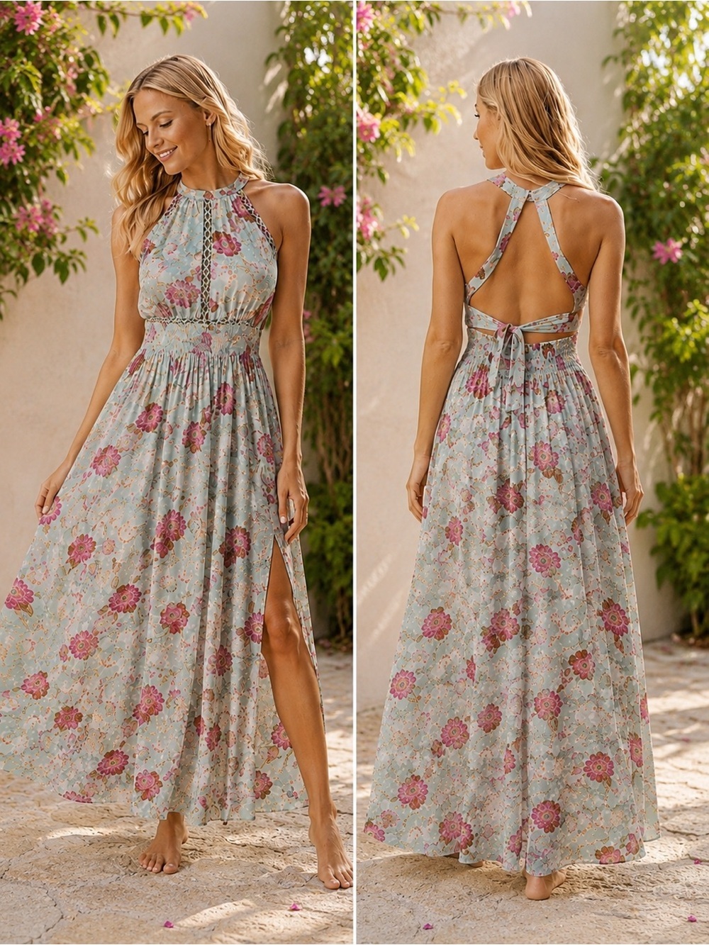 Jaase Endless Summer Maxi Dress XS Boho Floral Halter Open Back Slit